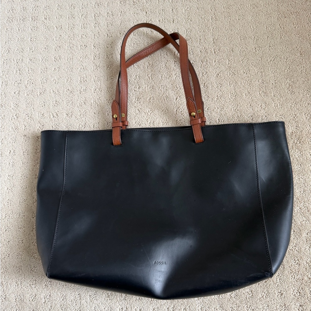 Fossil Black Tote with Brown Straps